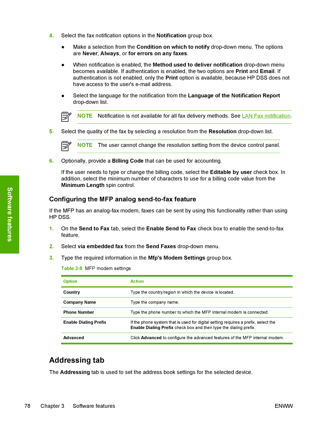 HP MFP Sending Software 4.0 to 4.20 Addressing tab, Configuring the MFP analog send-to-fax feature, 8MFP modem settings 