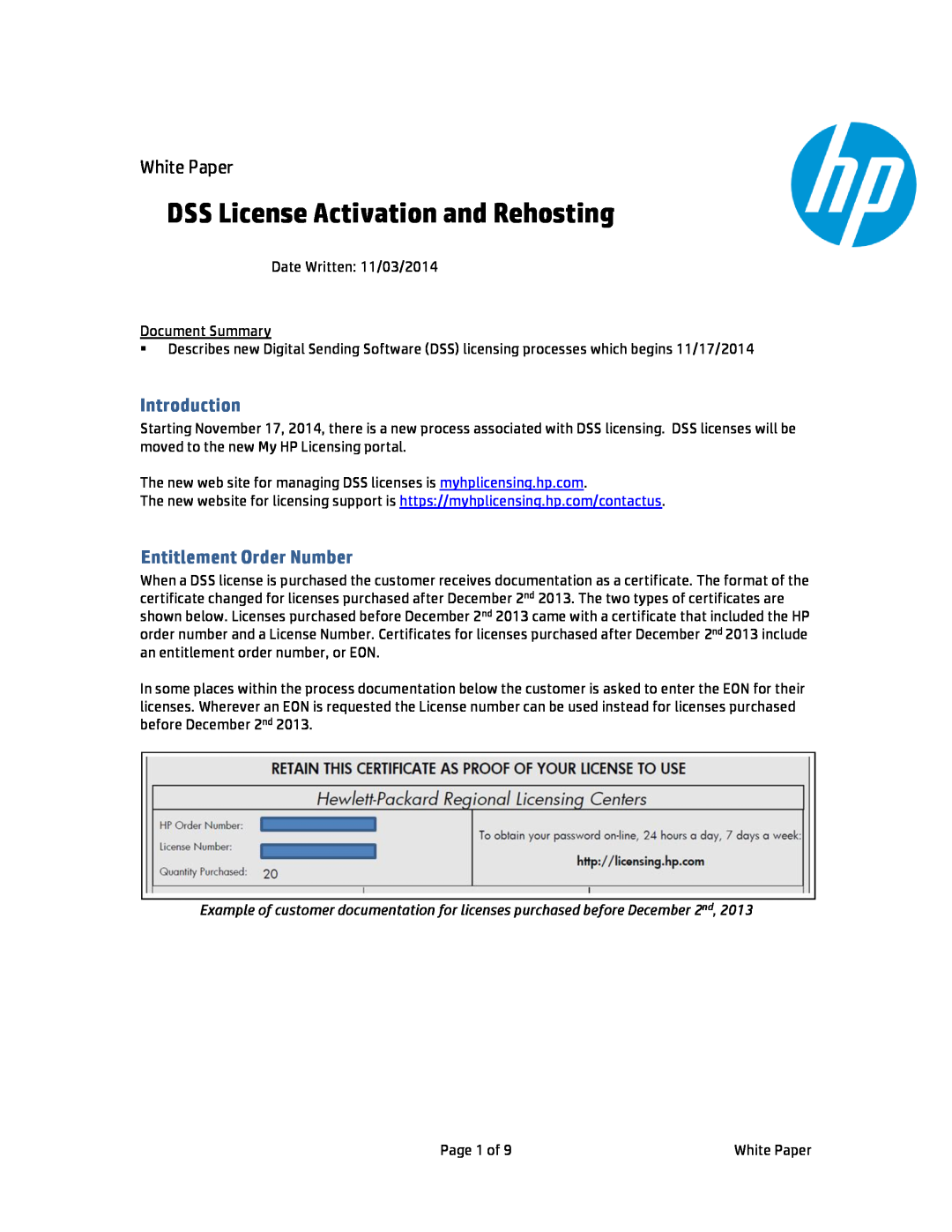 HP MFP Sending Software 4.25 manual Introduction, Entitlement Order Number, DSS License Activation and Rehosting 