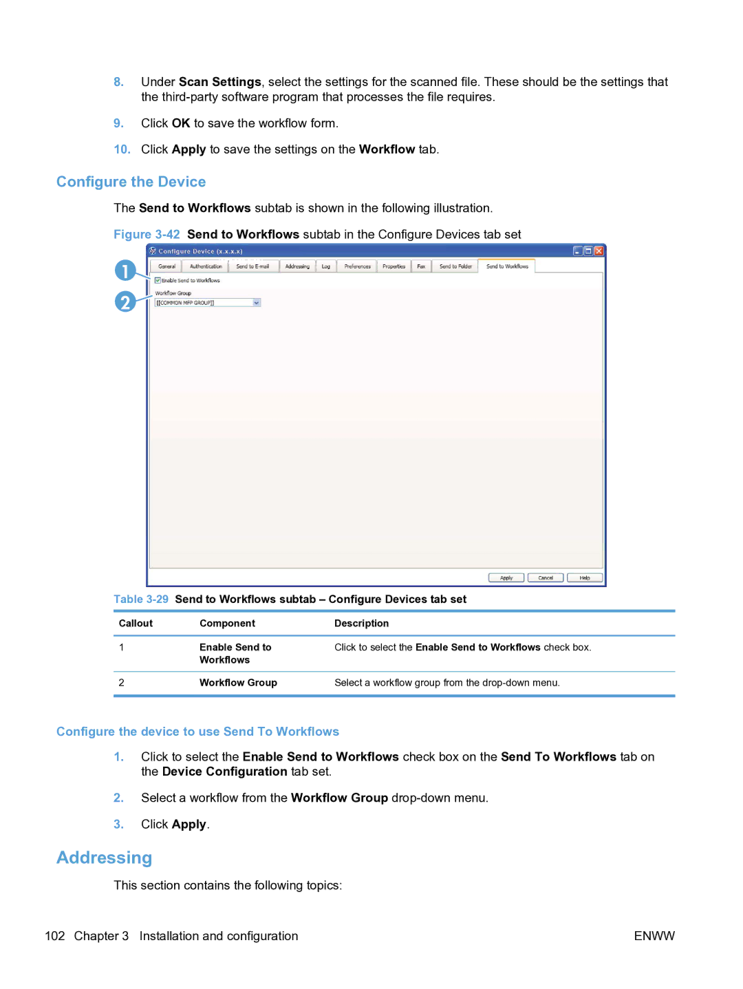 HP MFP Sending Software 4.9X manual Addressing, Configure the device to use Send To Workflows 