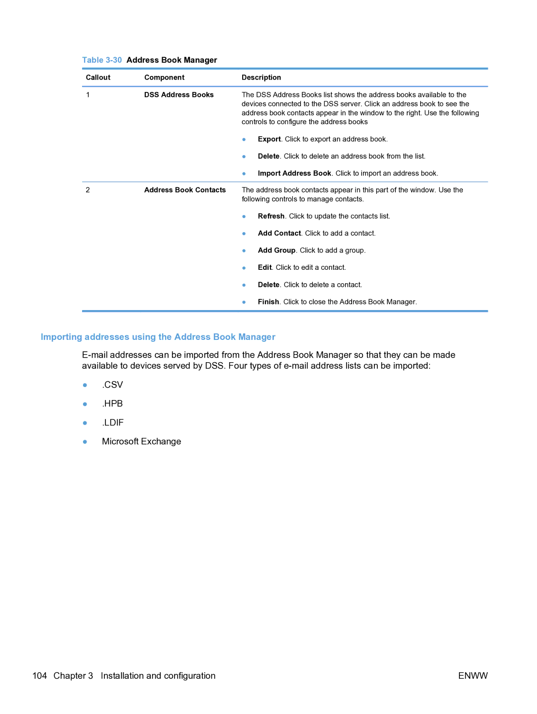 HP MFP Sending Software 4.9X manual Importing addresses using the Address Book Manager, 30Address Book Manager 