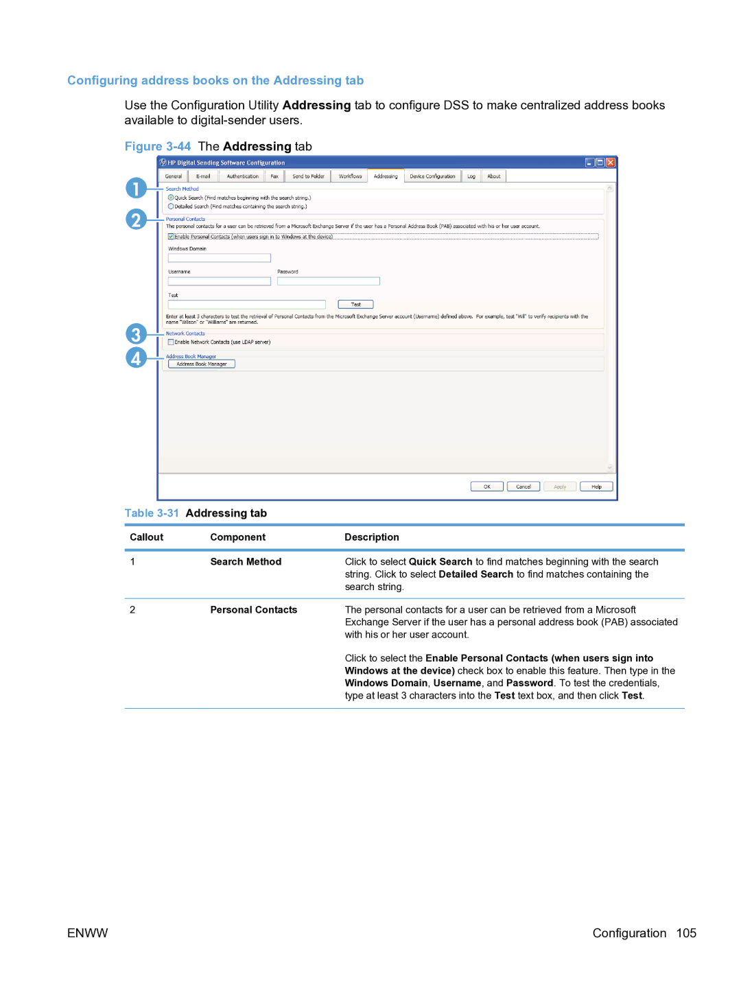 HP MFP Sending Software 4.9X manual Configuring address books on the Addressing tab, 31Addressing tab, Personal Contacts 