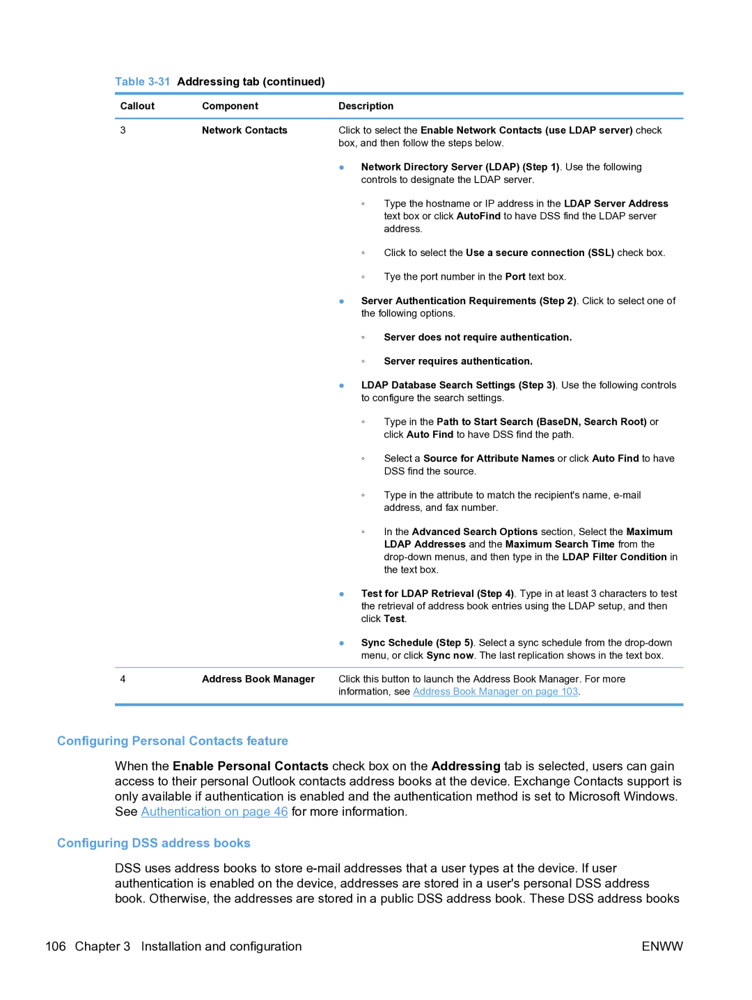 HP MFP Sending Software 4.9X manual Configuring Personal Contacts feature, Configuring DSS address books 