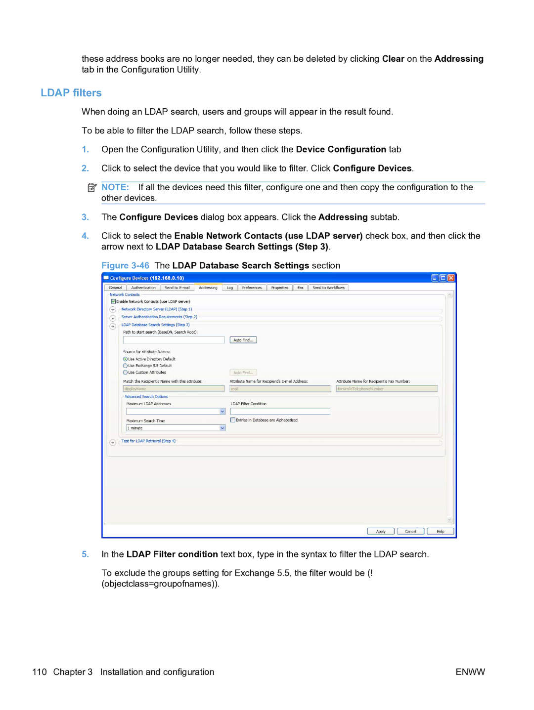 HP MFP Sending Software 4.9X manual Ldap filters, 46The Ldap Database Search Settings section 