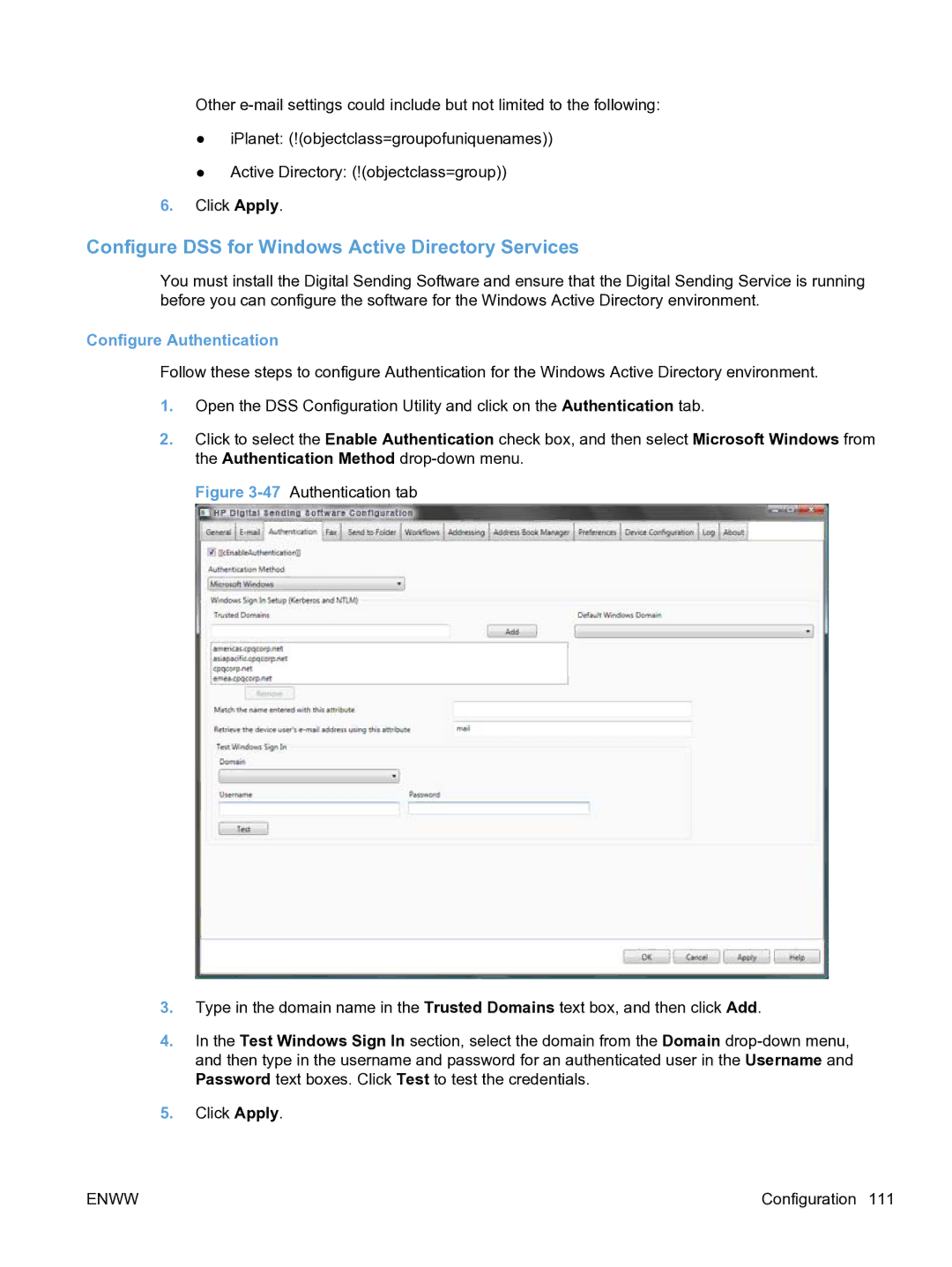 HP MFP Sending Software 4.9X manual Configure DSS for Windows Active Directory Services, Configure Authentication 