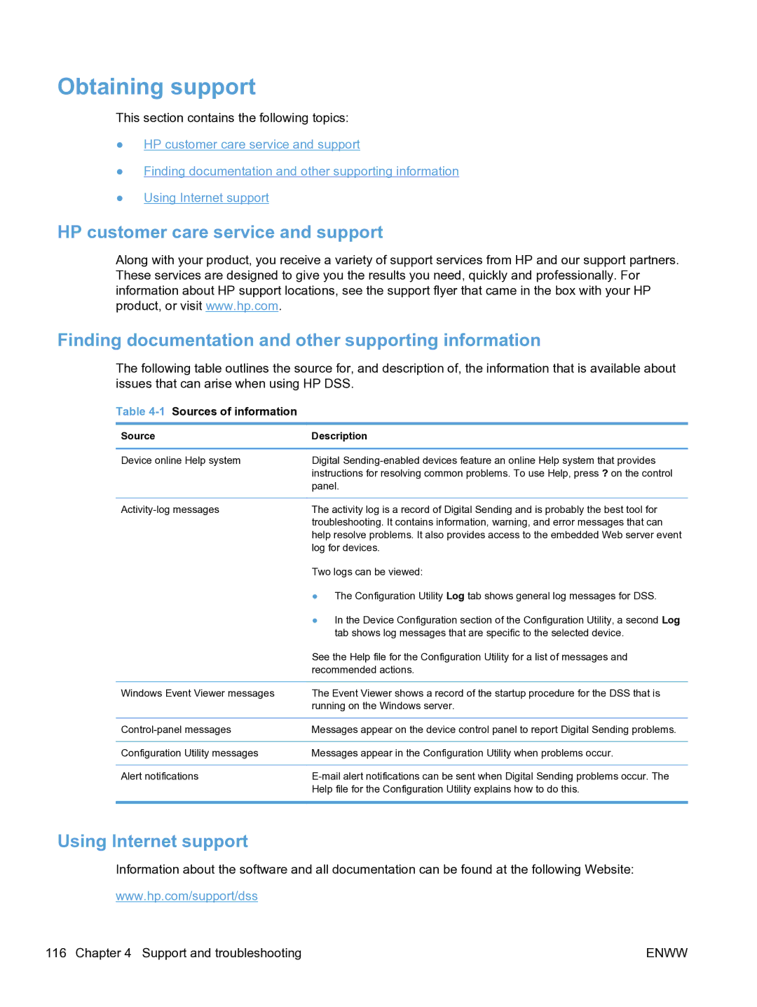 HP MFP Sending Software 4.9X manual Obtaining support, Using Internet support, 1Sources of information, Source Description 