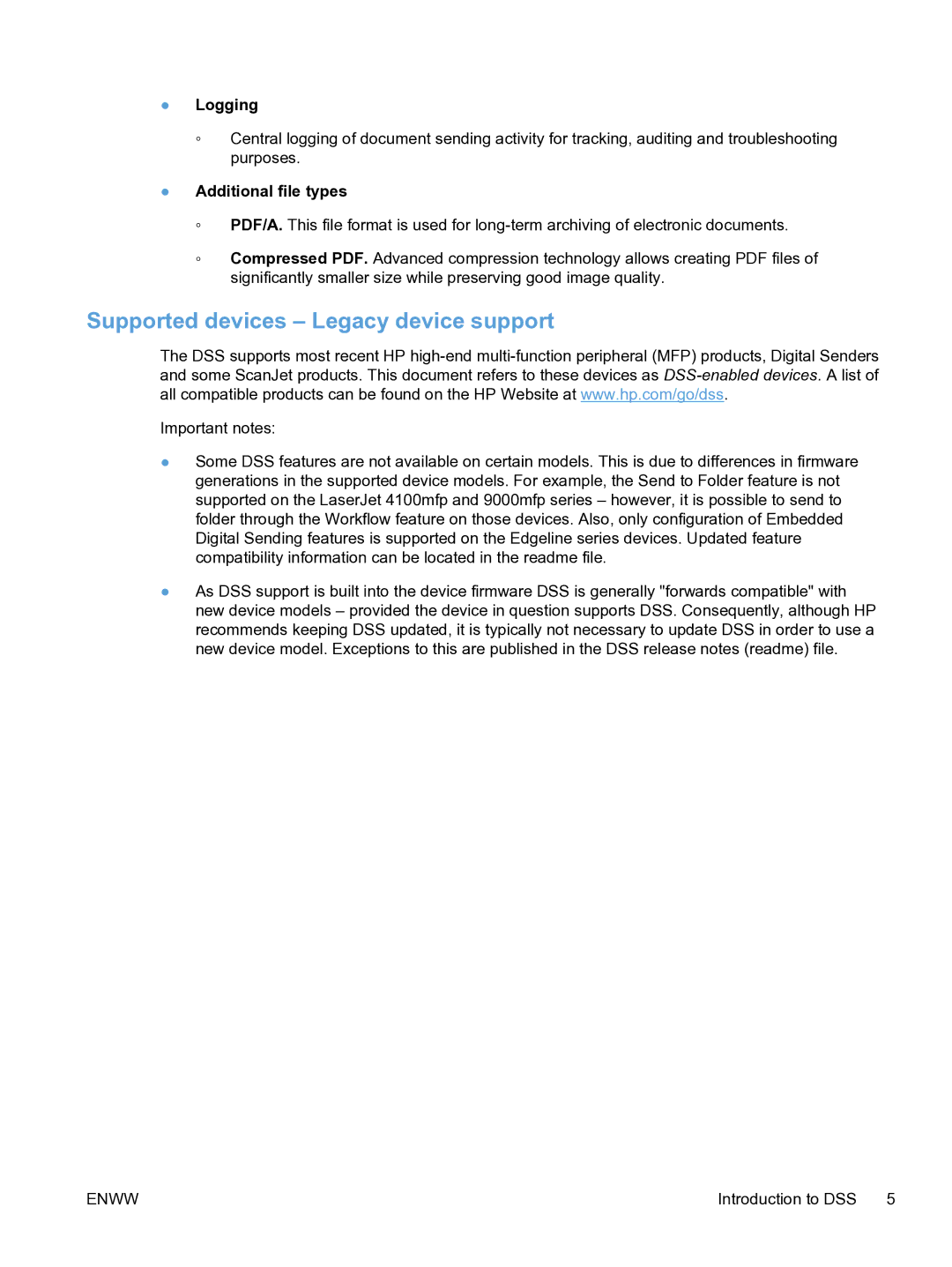 HP MFP Sending Software 4.9X manual Supported devices Legacy device support, Logging 