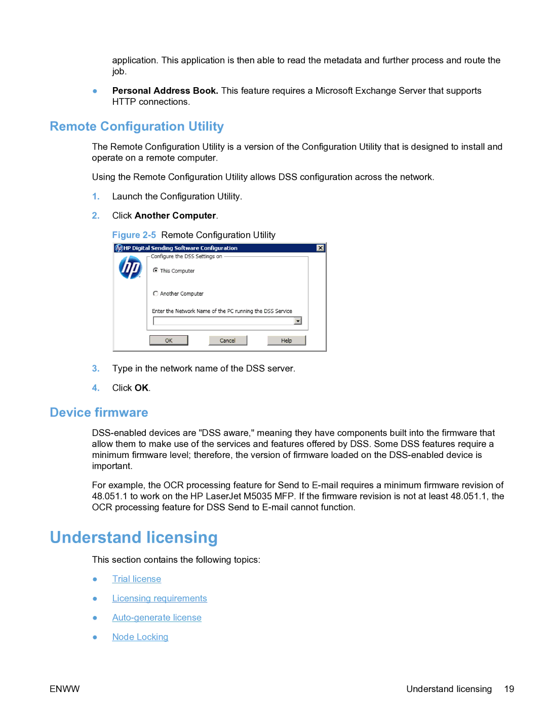 HP MFP Sending Software 4.9X manual Understand licensing, Remote Configuration Utility, Device firmware 