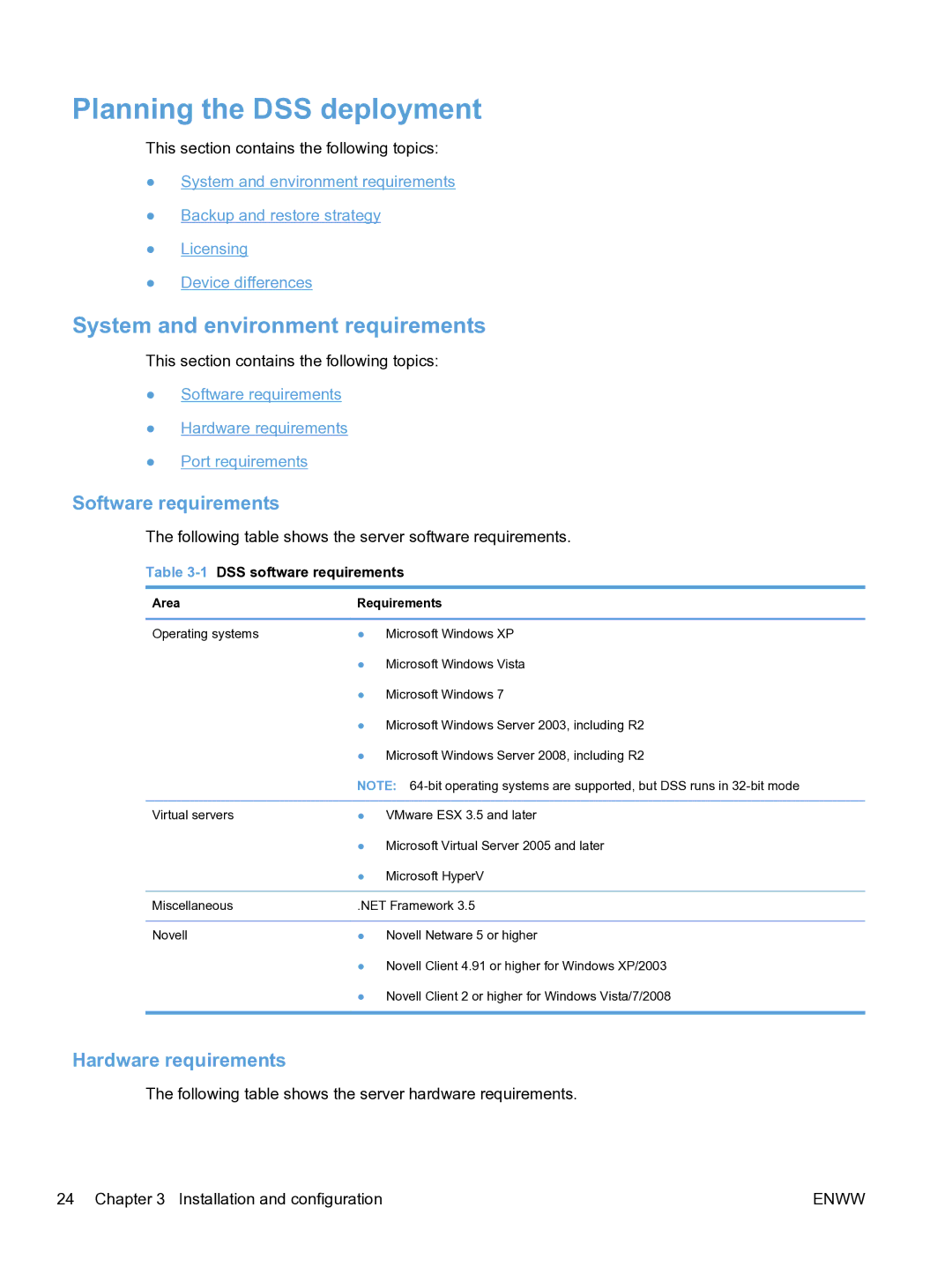 HP MFP Sending Software 4.9X manual Planning the DSS deployment, System and environment requirements, Software requirements 