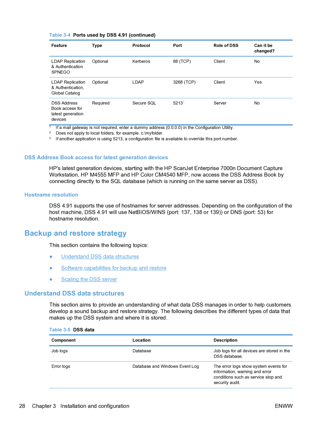 HP MFP Sending Software 4.9X manual Backup and restore strategy, Understand DSS data structures, Hostname resolution 