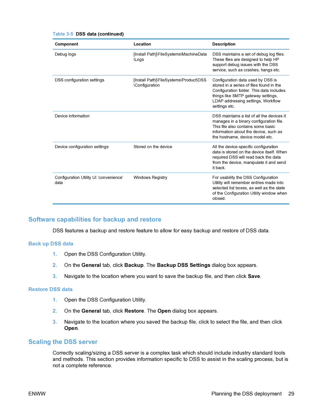 HP MFP Sending Software 4.9X manual Software capabilities for backup and restore, Scaling the DSS server, Back up DSS data 