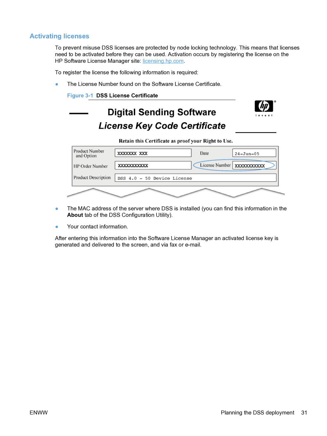 HP MFP Sending Software 4.9X manual Activating licenses, 1DSS License Certificate 