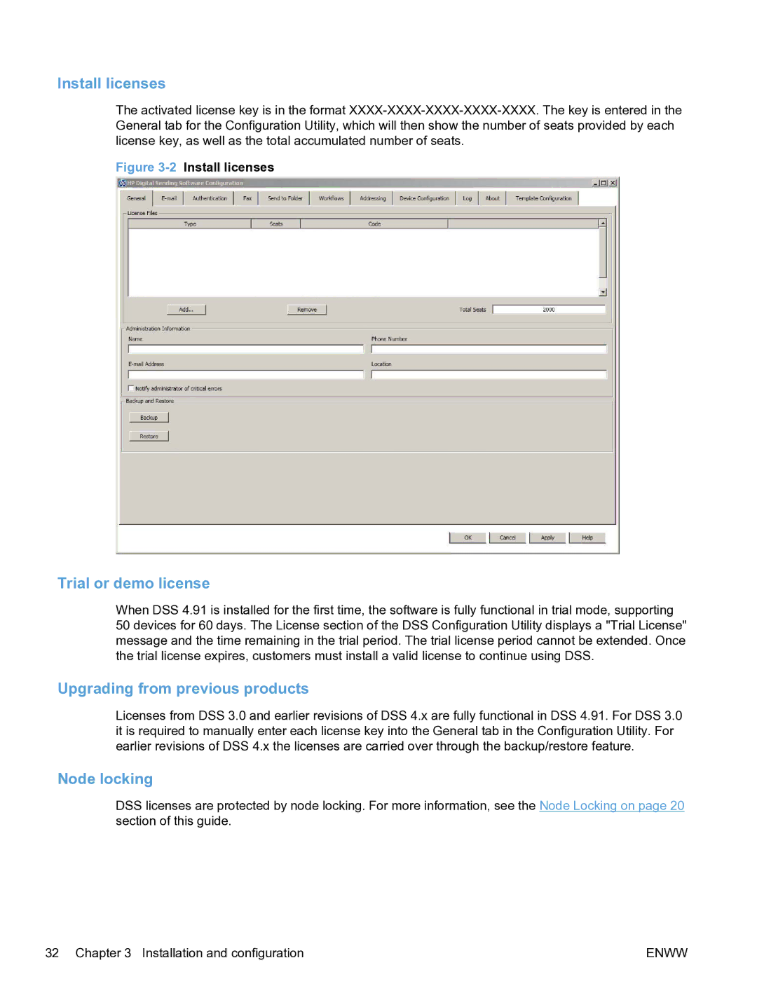 HP MFP Sending Software 4.9X manual Install licenses, Trial or demo license, Upgrading from previous products, Node locking 