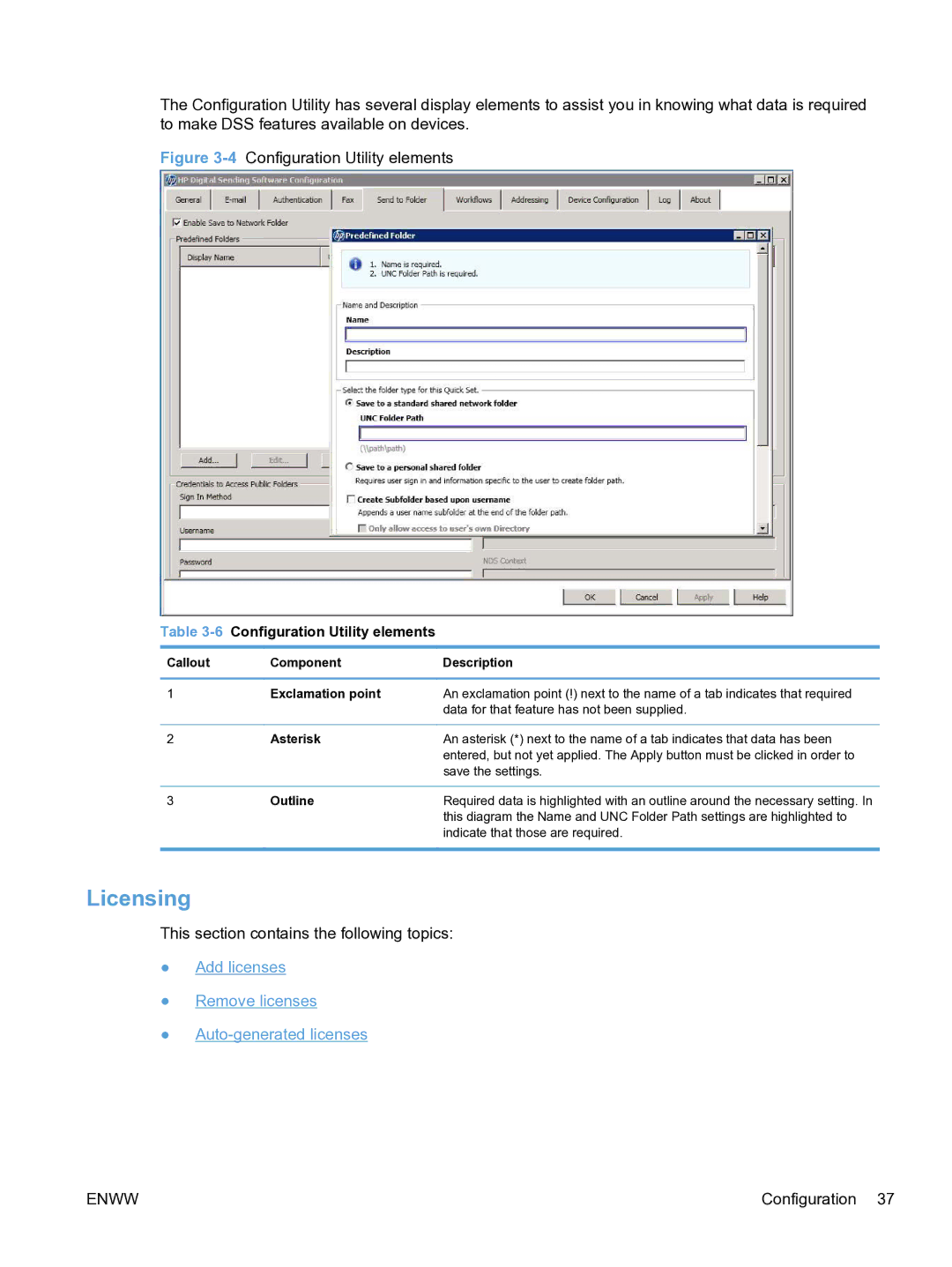 HP MFP Sending Software 4.9X Configuration Utility elements, Callout Component Description Exclamation point, Asterisk 