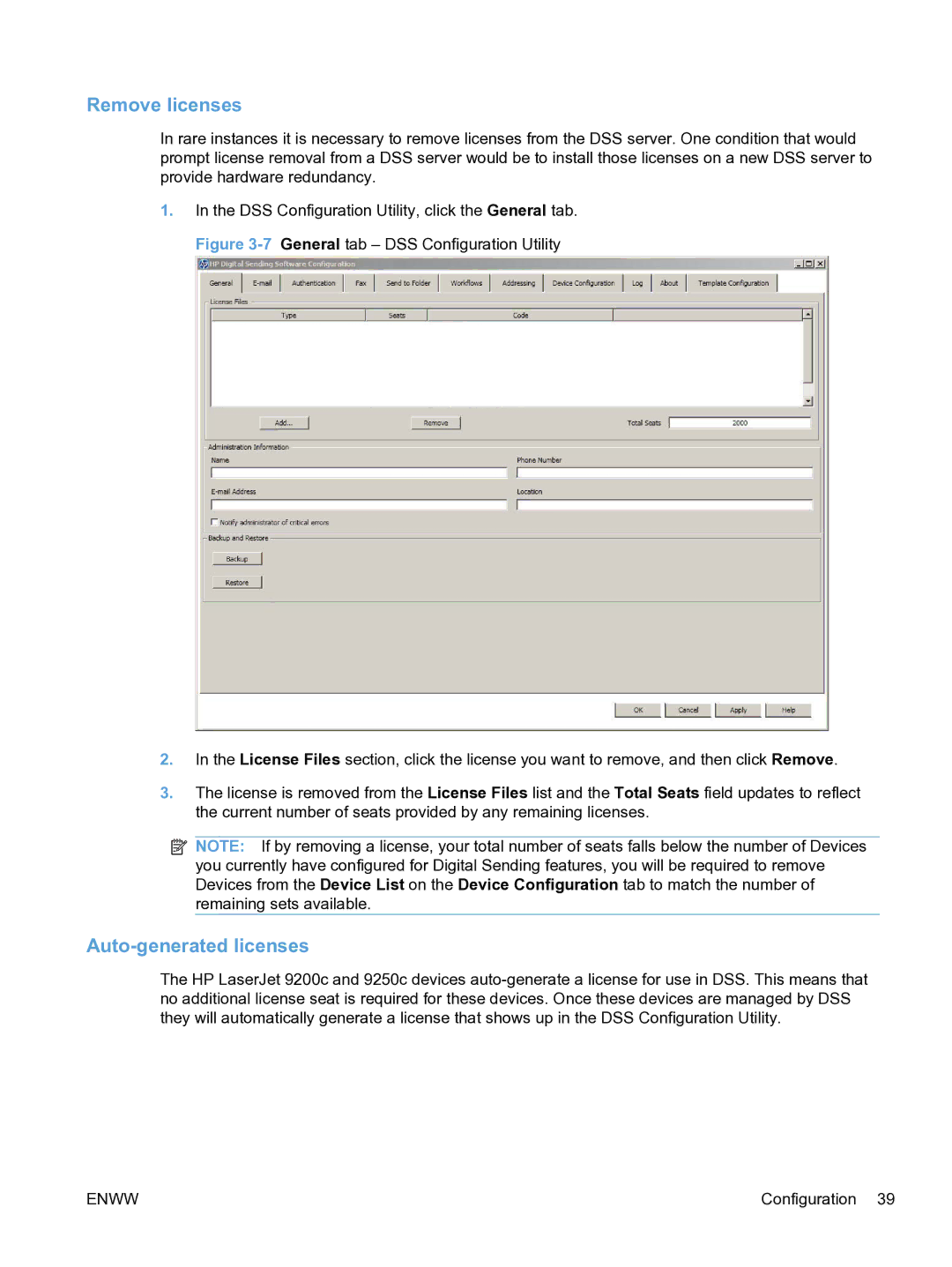 HP MFP Sending Software 4.9X manual Remove licenses, Auto-generated licenses 