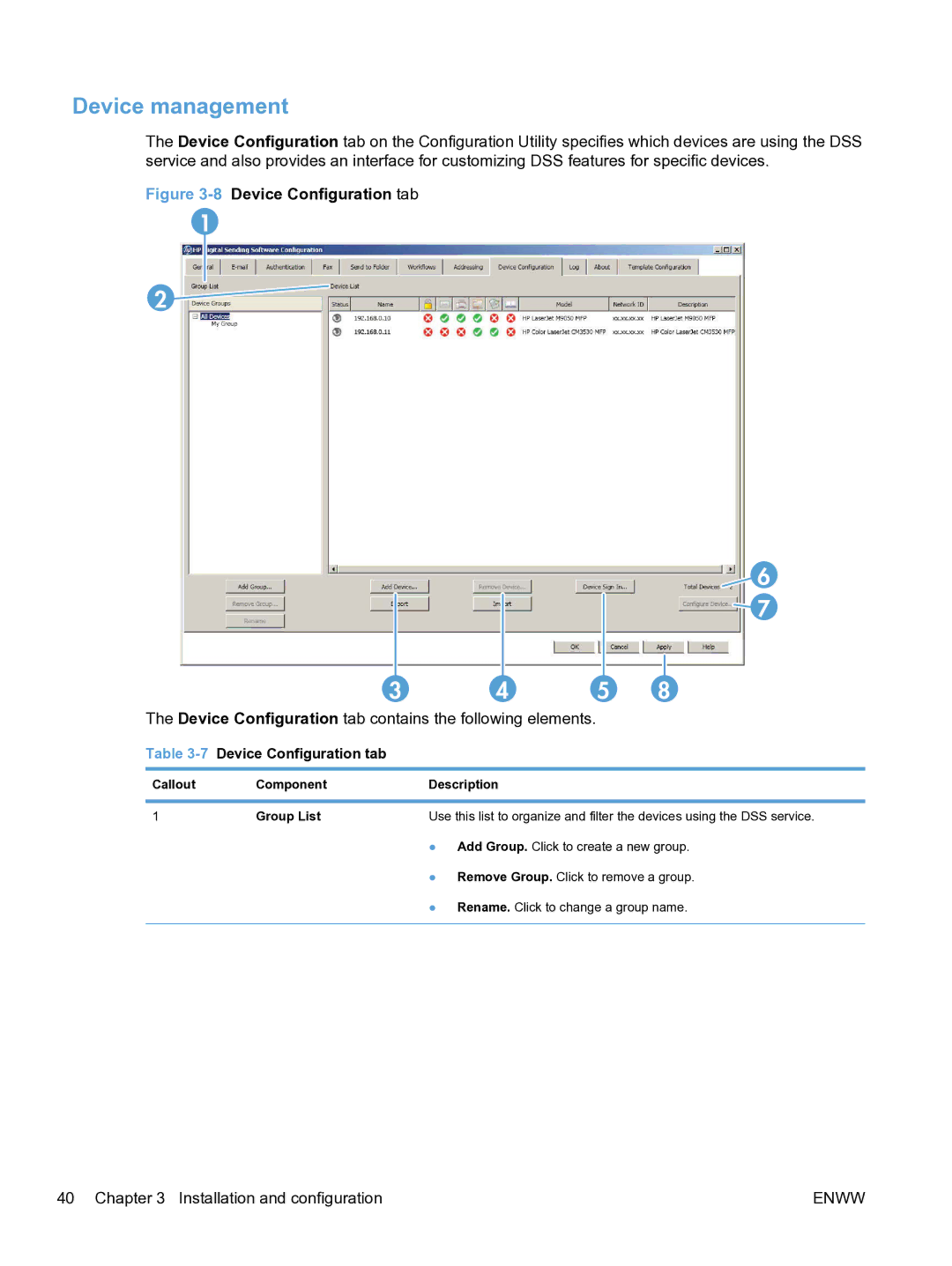 HP MFP Sending Software 4.9X manual Device management, 7Device Configuration tab 