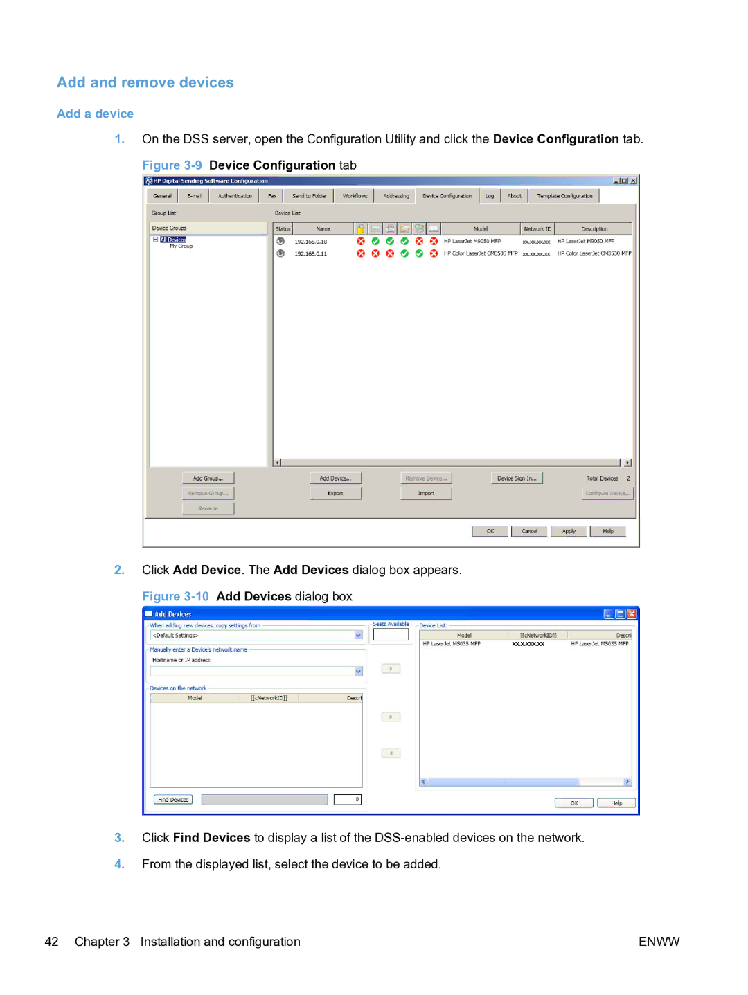 HP MFP Sending Software 4.9X manual Add and remove devices, Add a device 