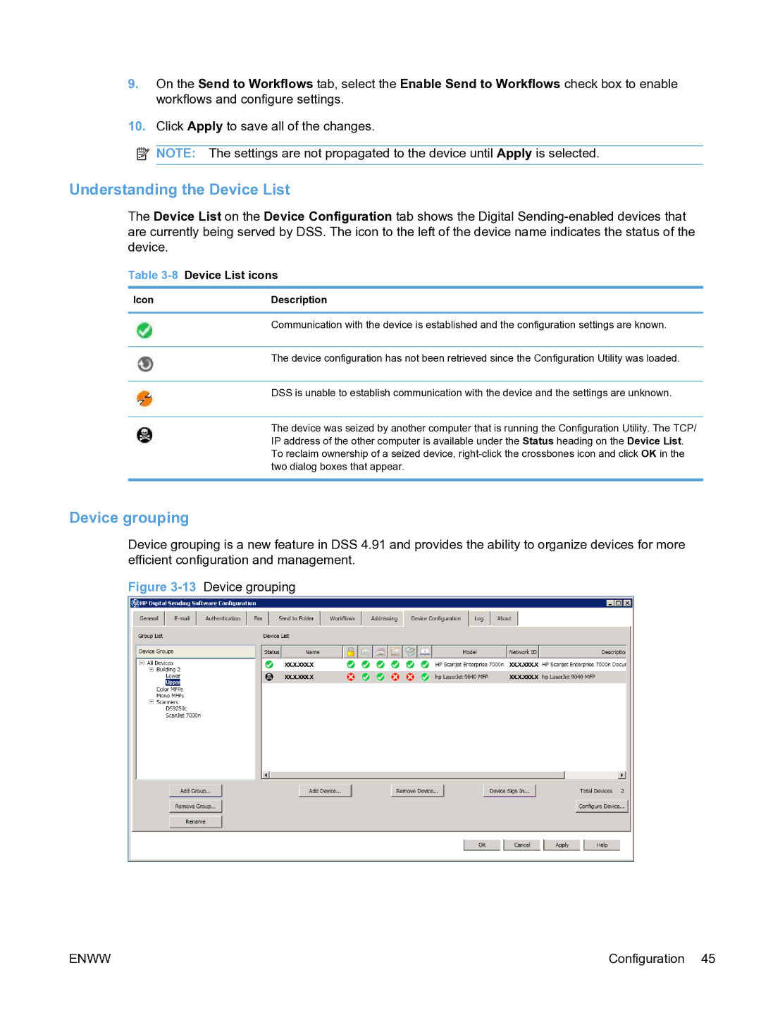 HP MFP Sending Software 4.9X manual Understanding the Device List, Device grouping, 8Device List icons, IconDescription 