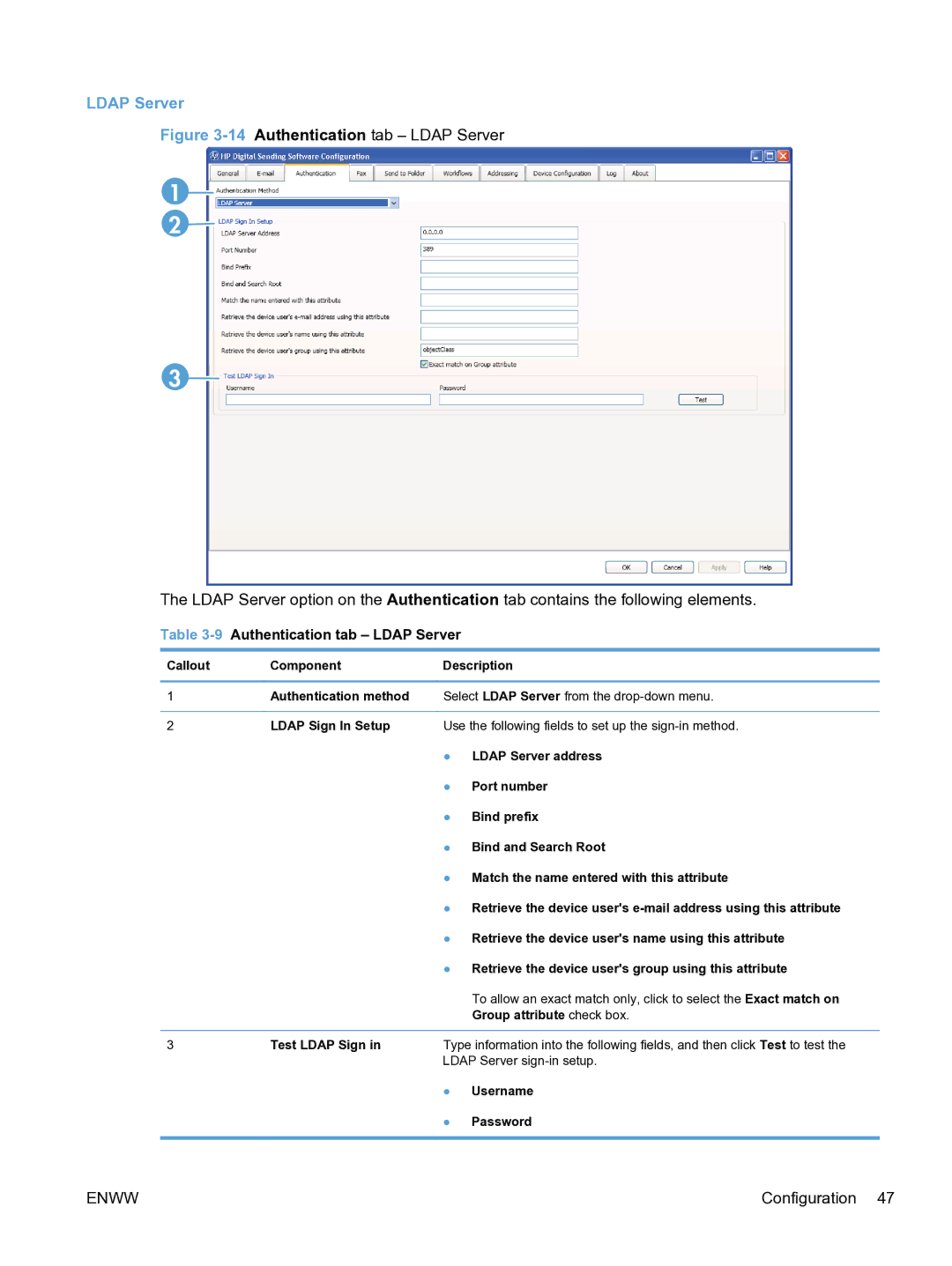 HP MFP Sending Software 4.9X manual 9Authentication tab Ldap Server 