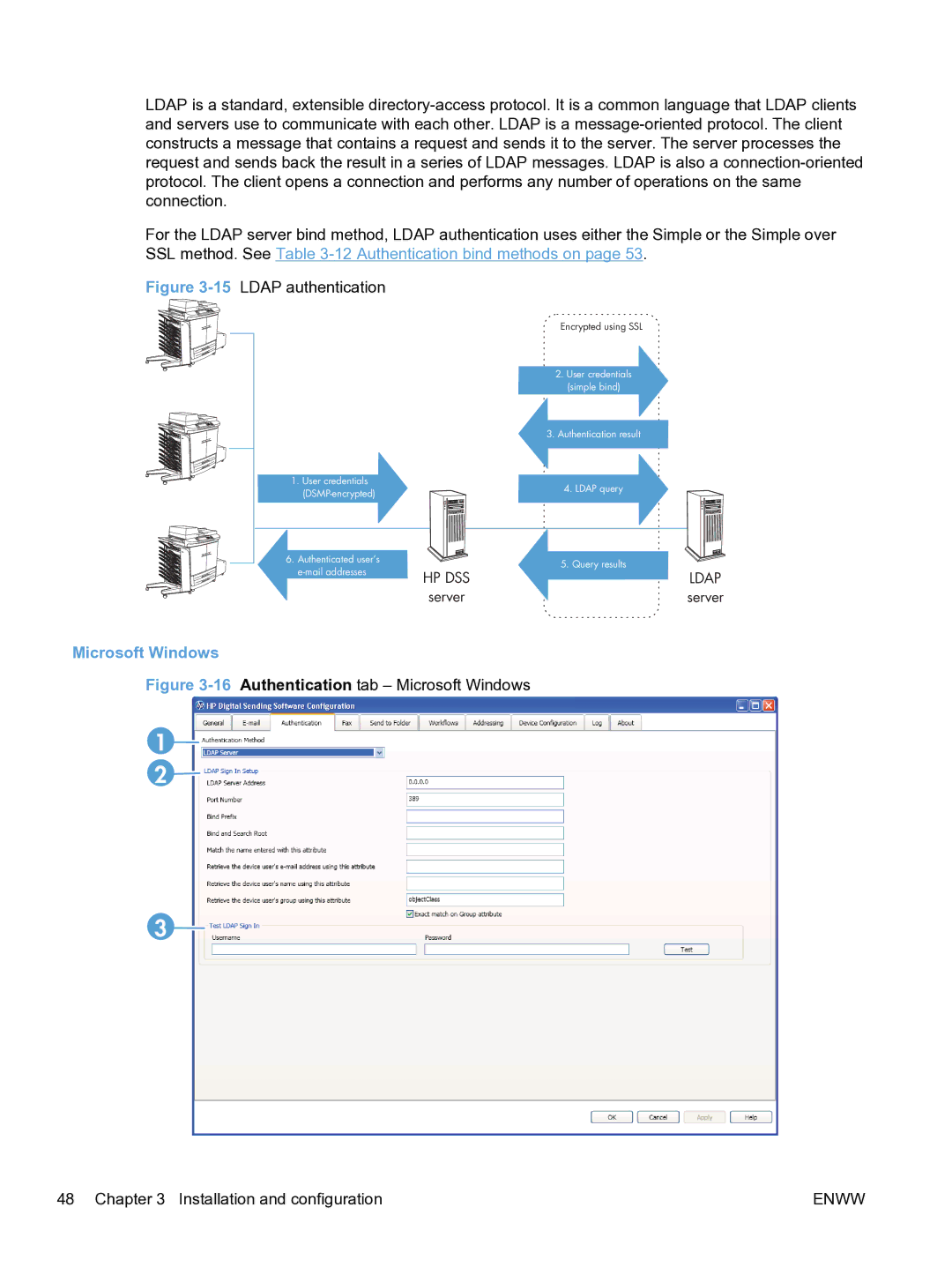 HP MFP Sending Software 4.9X manual 15LDAP authentication, Microsoft Windows 