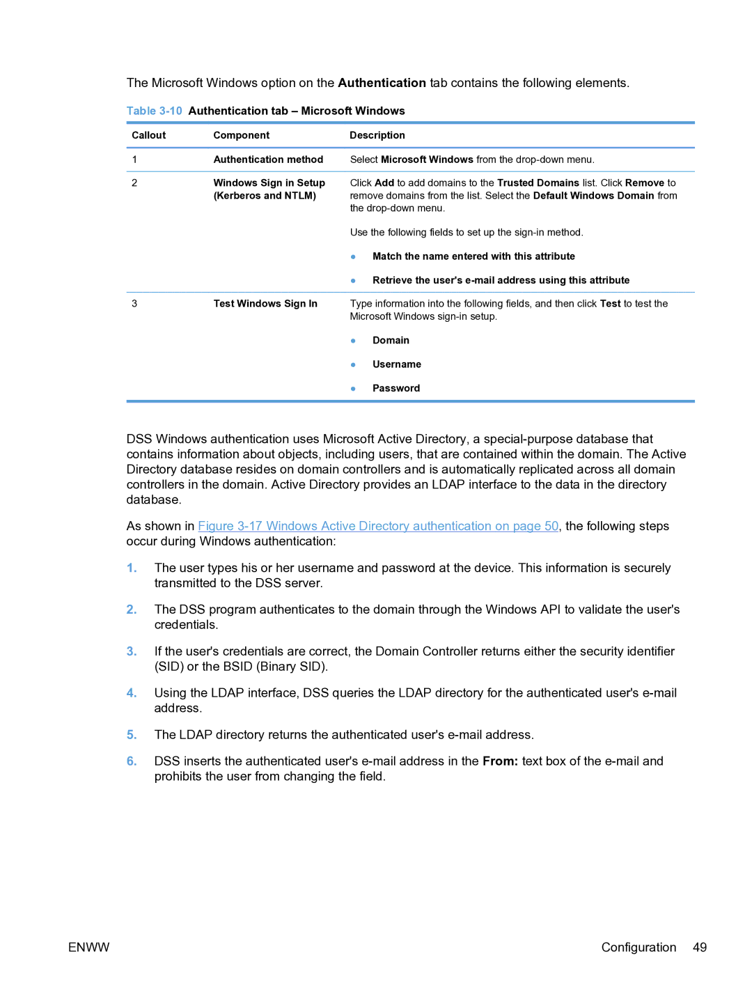 HP MFP Sending Software 4.9X manual 10Authentication tab Microsoft Windows, Domain Username Password 