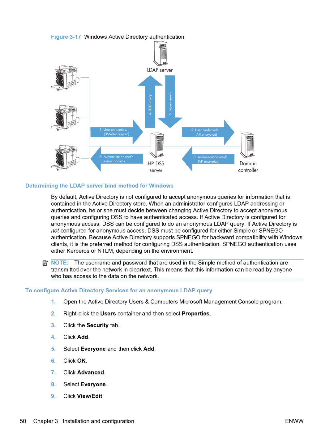 HP MFP Sending Software 4.9X manual Determining the Ldap server bind method for Windows 