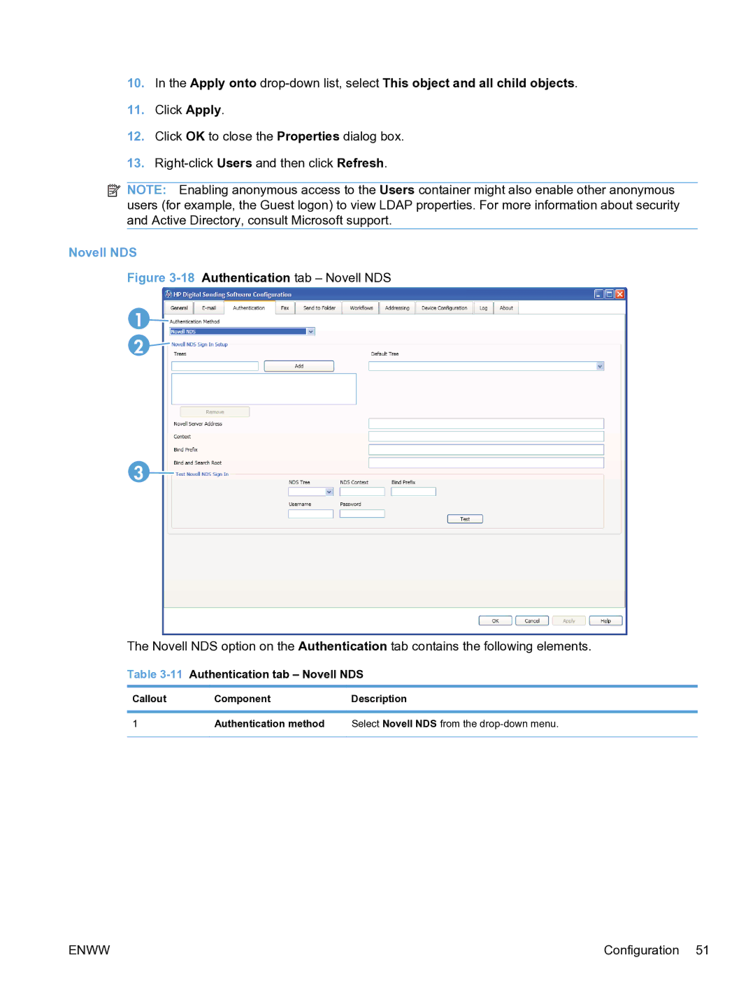 HP MFP Sending Software 4.9X manual 11Authentication tab Novell NDS 