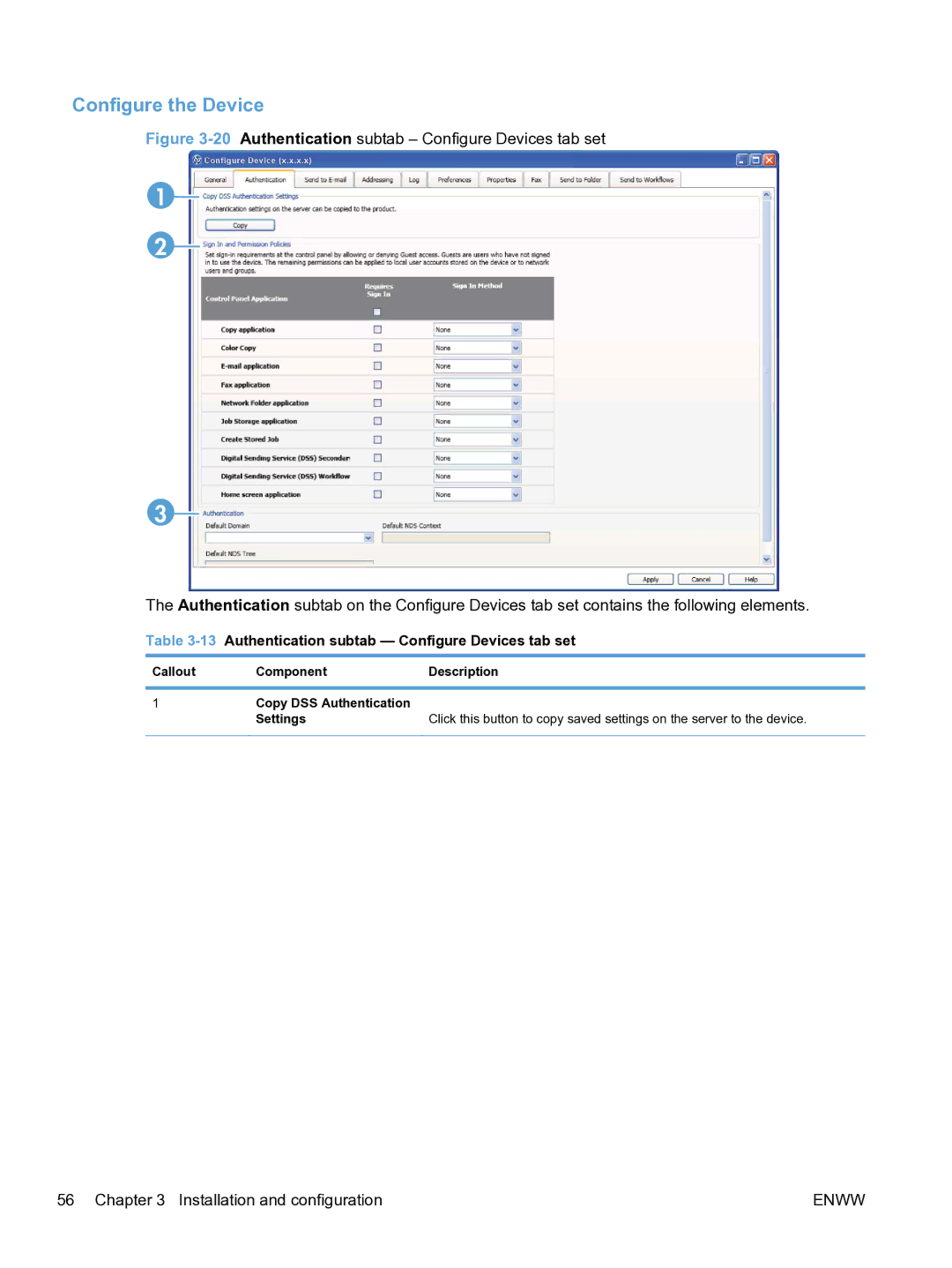 HP MFP Sending Software 4.9X manual Configure the Device, 13Authentication subtab Configure Devices tab set 