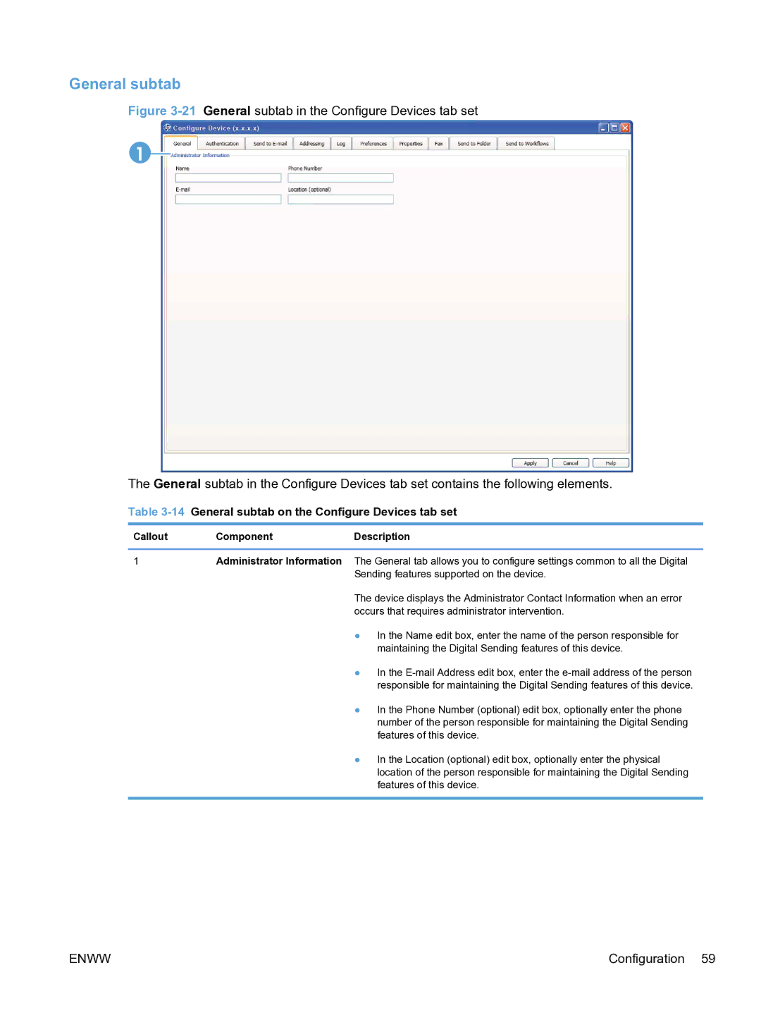 HP MFP Sending Software 4.9X manual 14General subtab on the Configure Devices tab set 