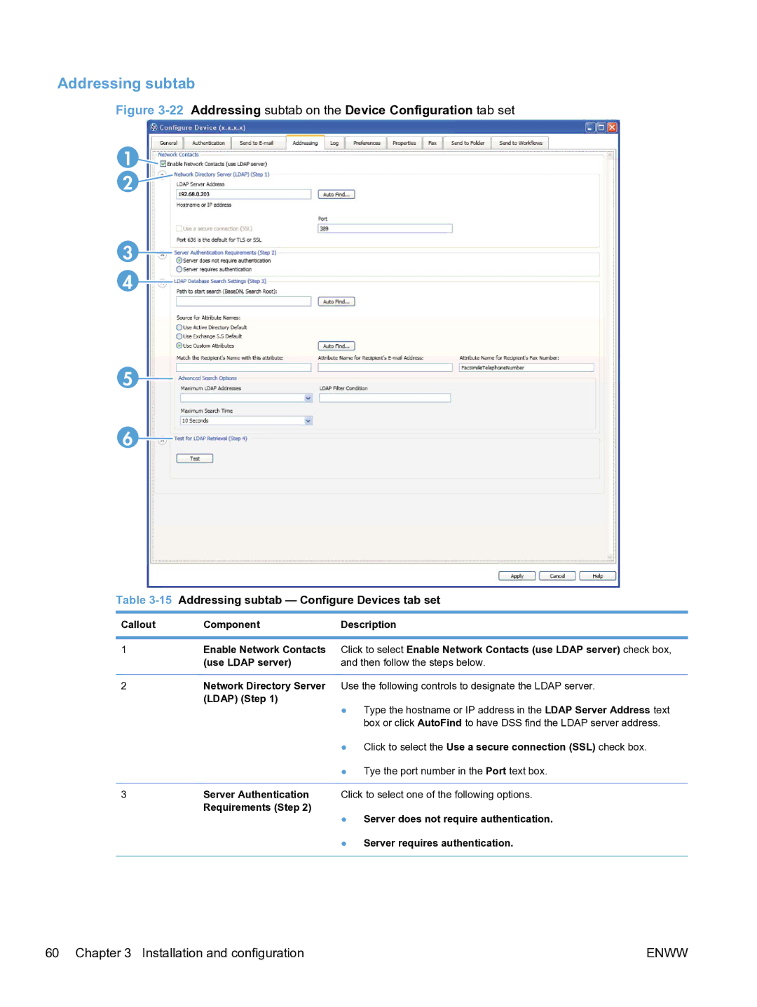 HP MFP Sending Software 4.9X manual 15Addressing subtab Configure Devices tab set, Ldap Step 