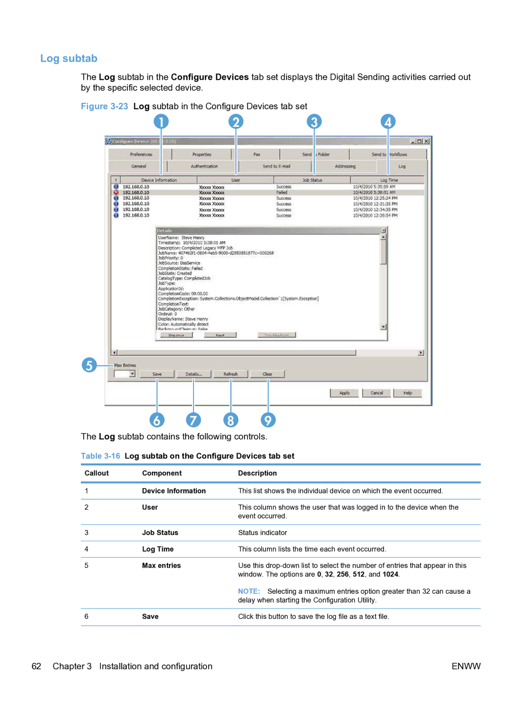 HP MFP Sending Software 4.9X manual Log subtab on the Configure Devices tab set 