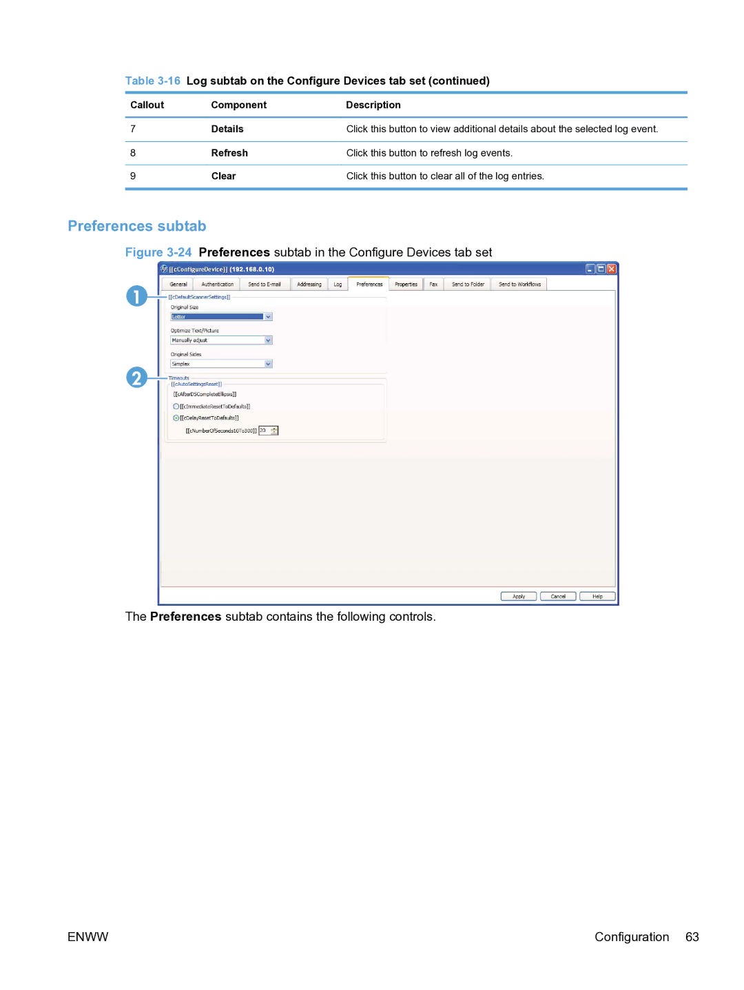 HP MFP Sending Software 4.9X manual Preferences subtab, 16Log subtab on the Configure Devices tab set 