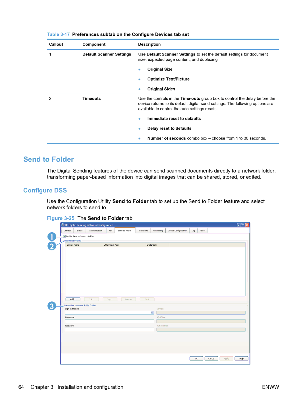 HP MFP Sending Software 4.9X manual Send to Folder, 17Preferences subtab on the Configure Devices tab set 