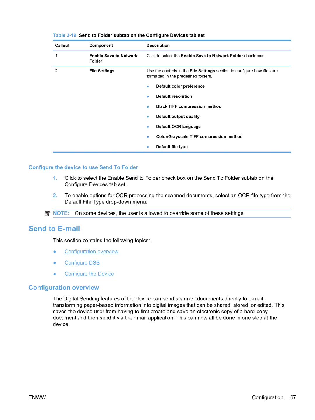 HP MFP Sending Software 4.9X manual Send to E-mail, Configuration overview, Configure the device to use Send To Folder 