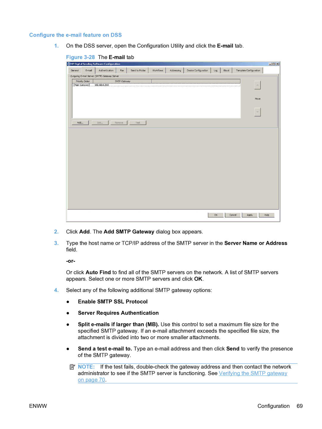 HP MFP Sending Software 4.9X Configure the e-mail feature on DSS, Enable Smtp SSL Protocol Server Requires Authentication 