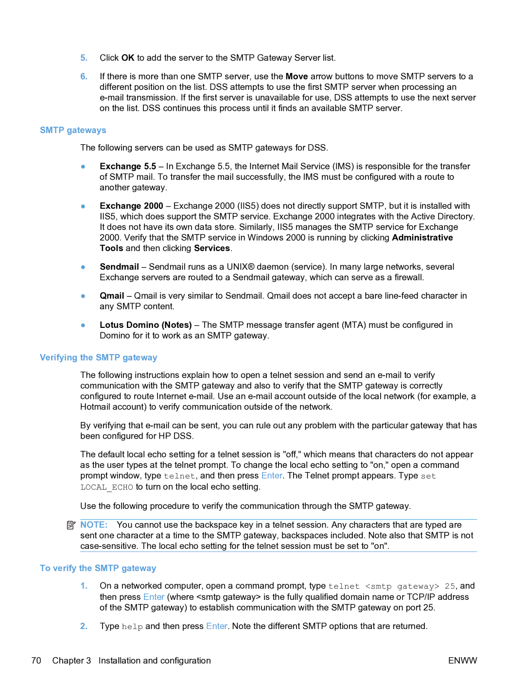 HP MFP Sending Software 4.9X manual Smtp gateways, Verifying the Smtp gateway, To verify the Smtp gateway 