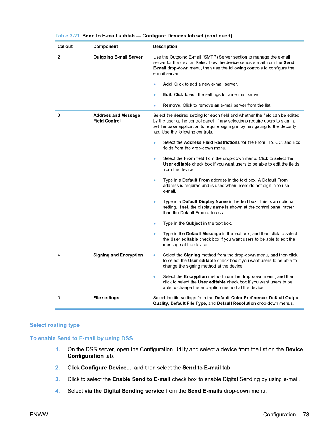 HP MFP Sending Software 4.9X manual Select routing type To enable Send to E-mail by using DSS, Field Control 