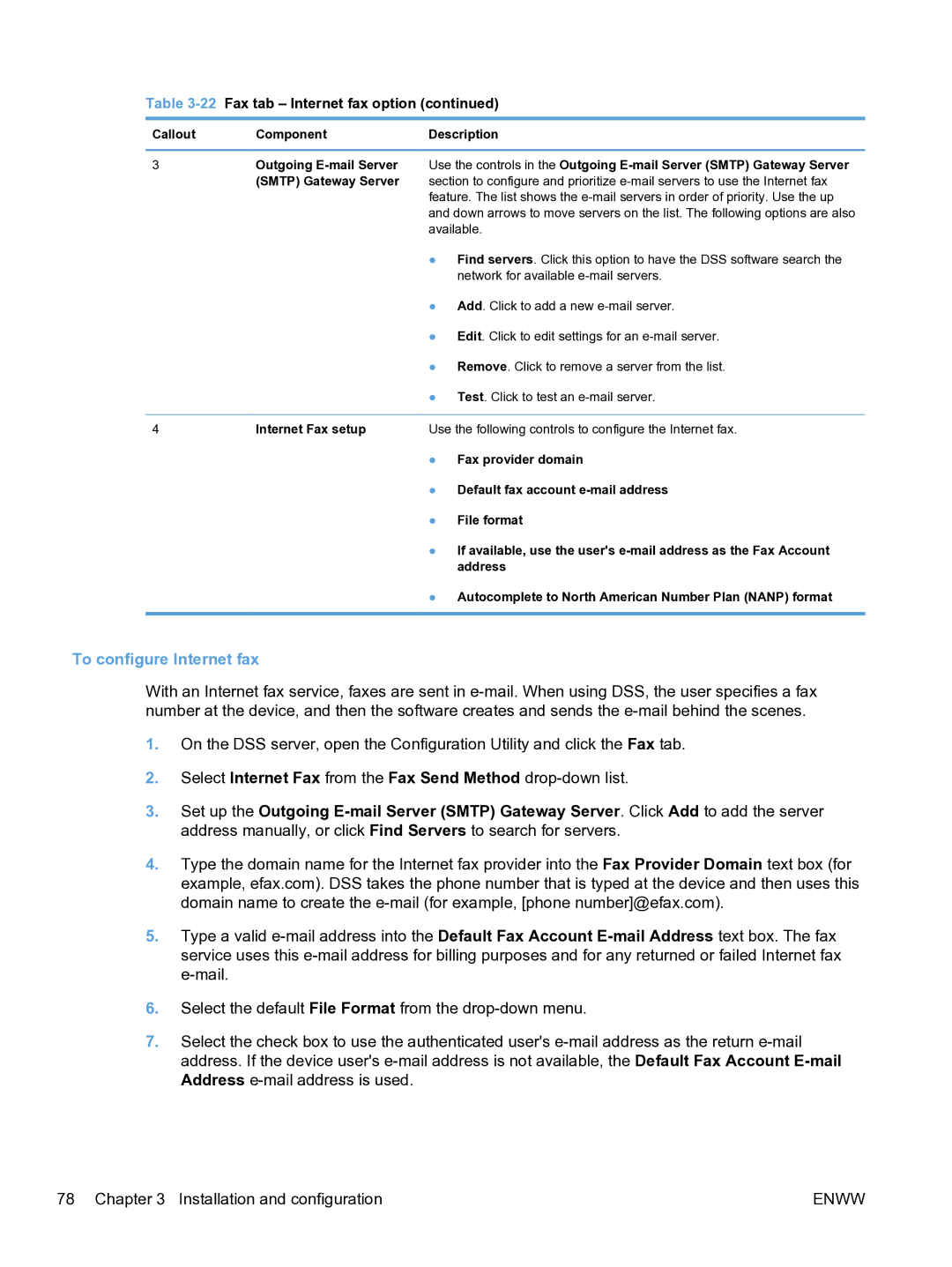 HP MFP Sending Software 4.9X manual To configure Internet fax, Internet Fax setup 