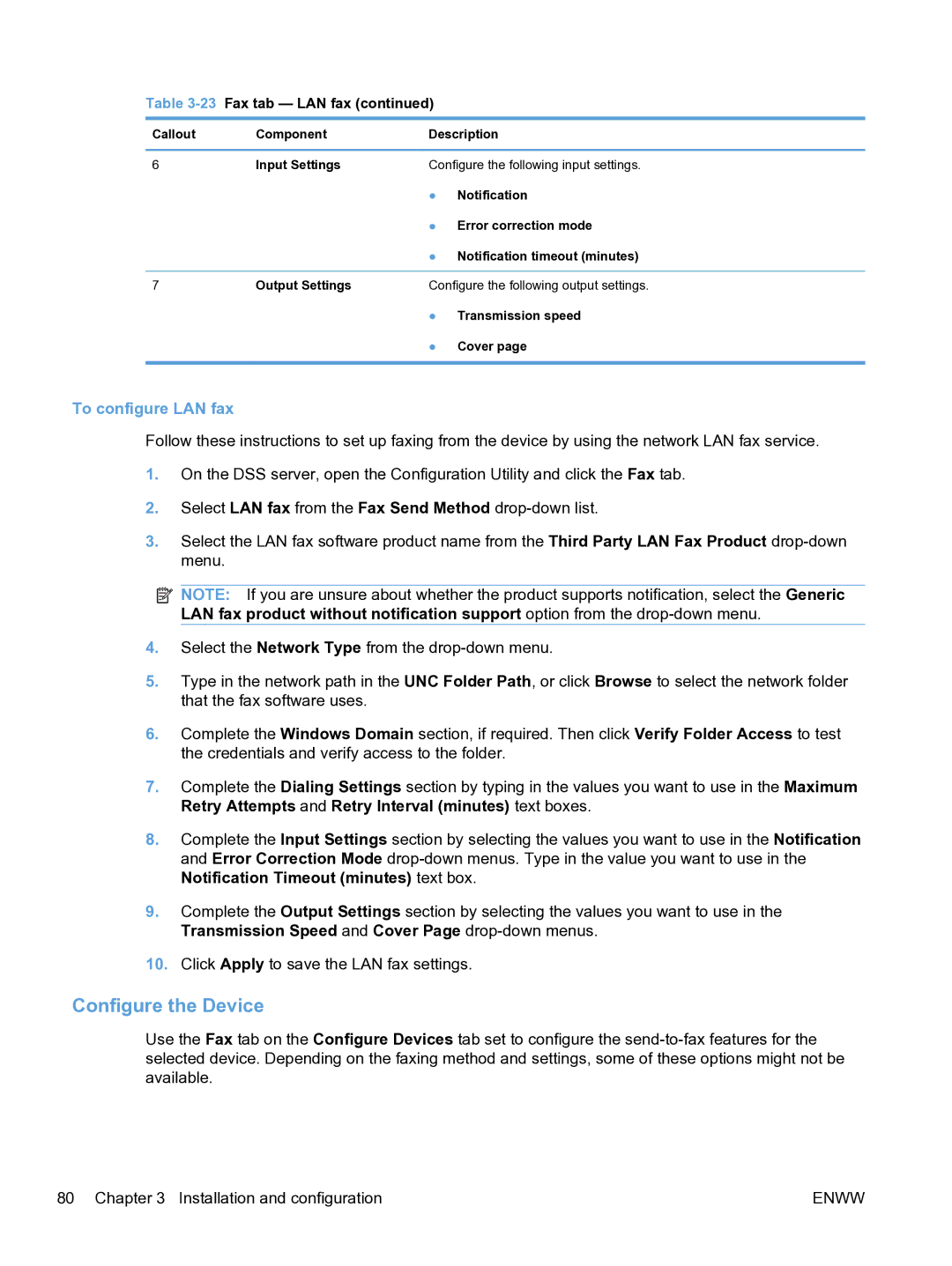 HP MFP Sending Software 4.9X manual Configure the Device, To configure LAN fax 