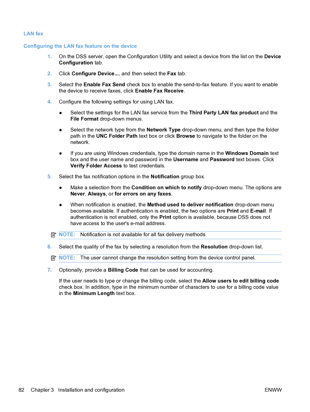 HP MFP Sending Software 4.9X manual LAN fax Configuring the LAN fax feature on the device 