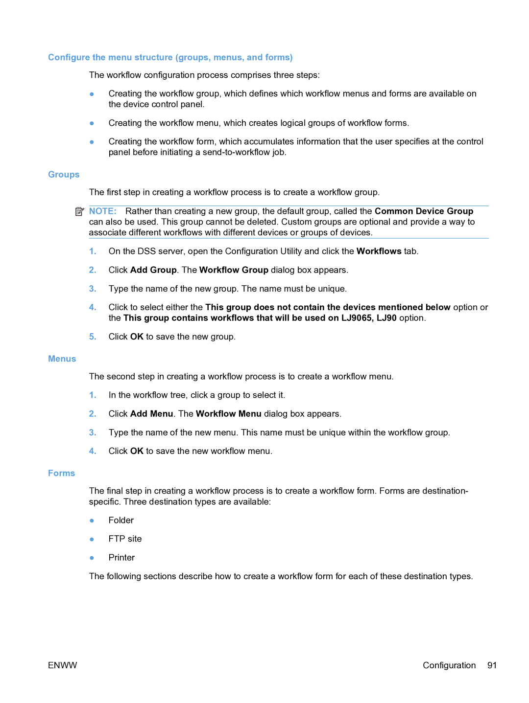 HP MFP Sending Software 4.9X manual Configure the menu structure groups, menus, and forms, Groups, Menus, Forms 