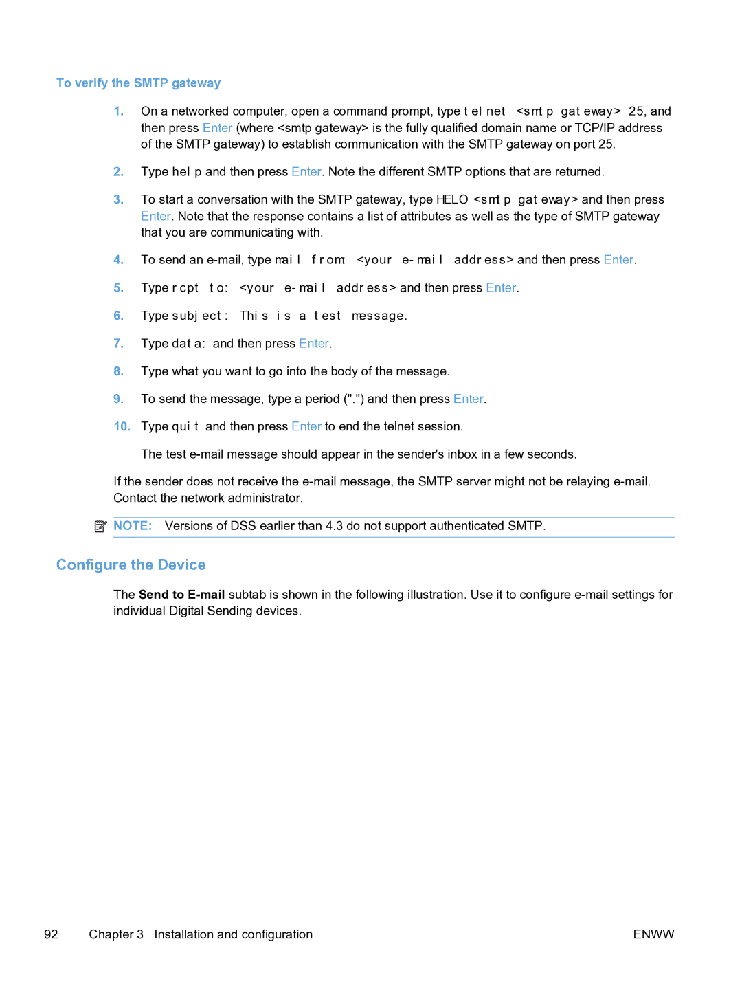 HP MFP Sending Software 4.9X manual Configure the Device, To verify the Smtp gateway 