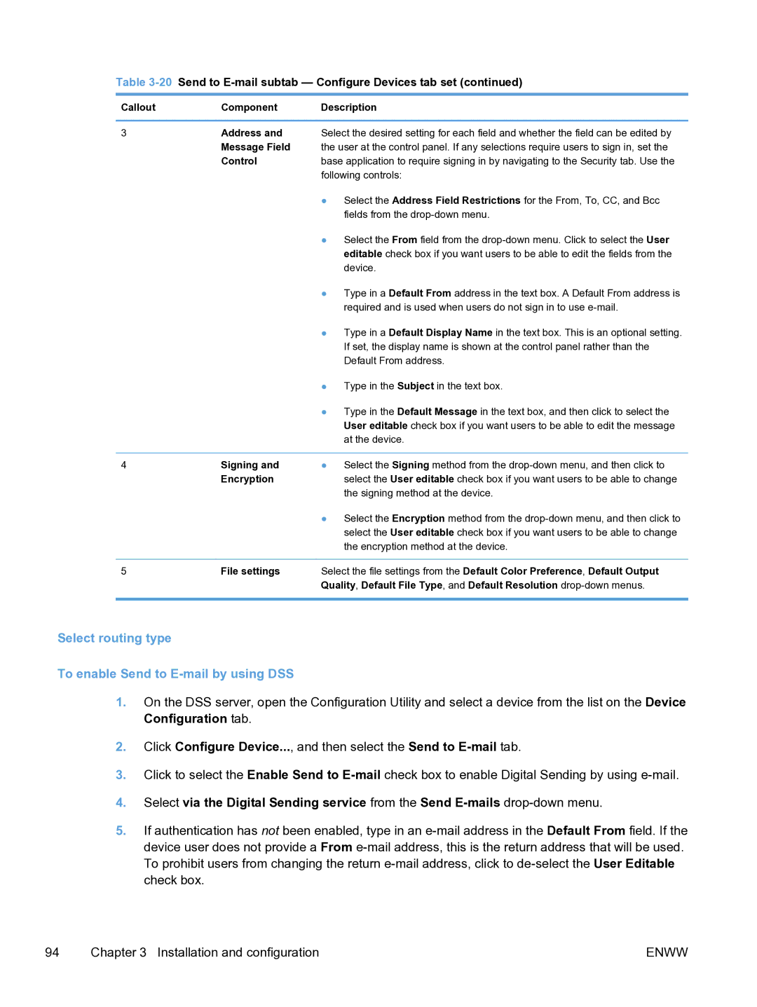 HP MFP Sending Software 4.9X manual Select routing type To enable Send to E-mail by using DSS 