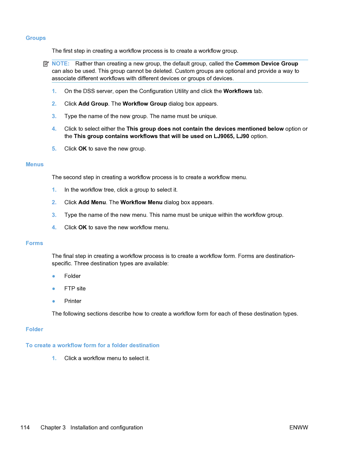 HP MFP Sending Software 4.9X manual Groups, Menus, Forms, Folder To create a workflow form for a folder destination 