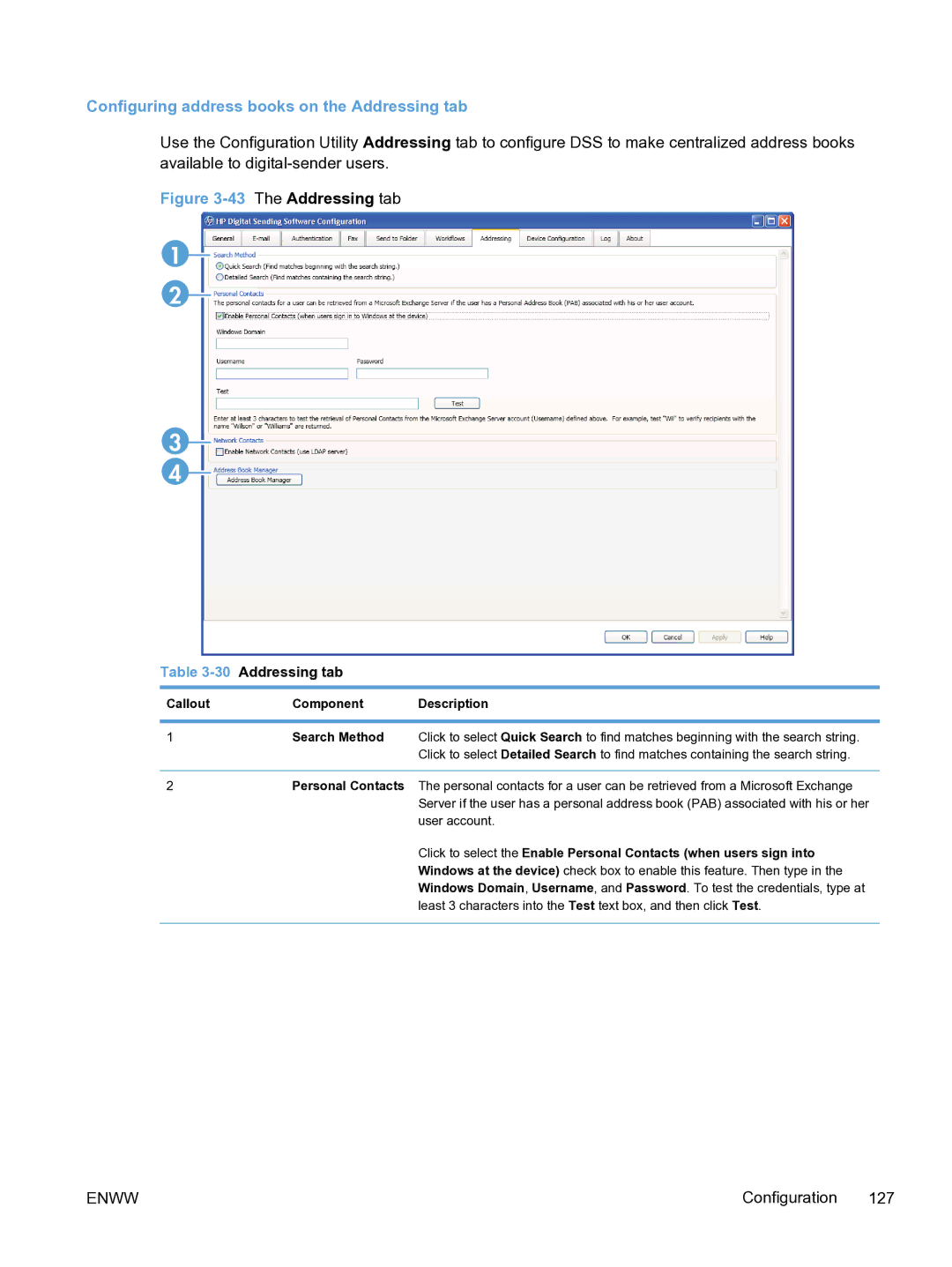 HP MFP Sending Software 4.9X manual Configuring address books on the Addressing tab, 30Addressing tab, Personal Contacts 