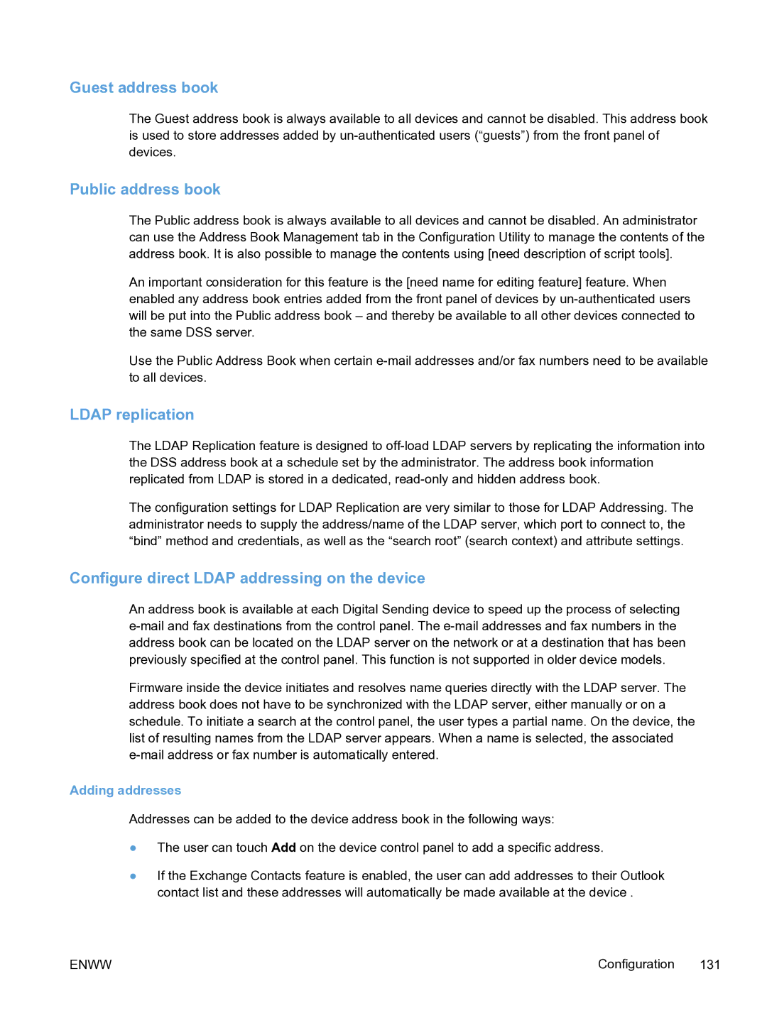 HP MFP Sending Software 4.9X manual Guest address book, Public address book, Ldap replication, Adding addresses 