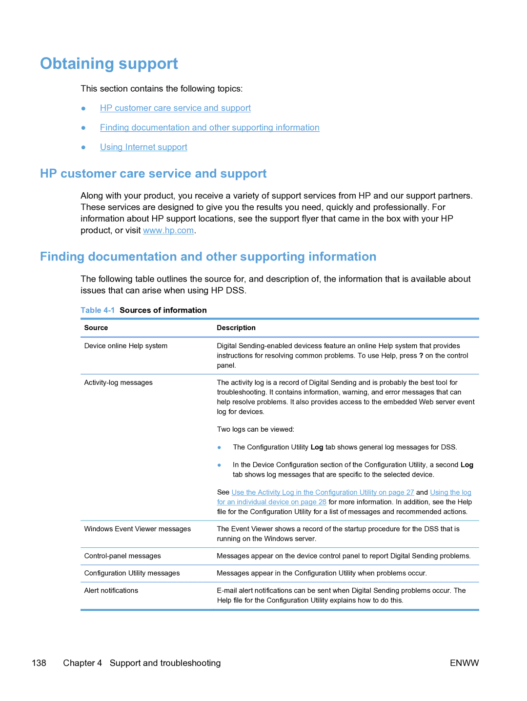 HP MFP Sending Software 4.9X manual Obtaining support, 1Sources of information, Source Description 