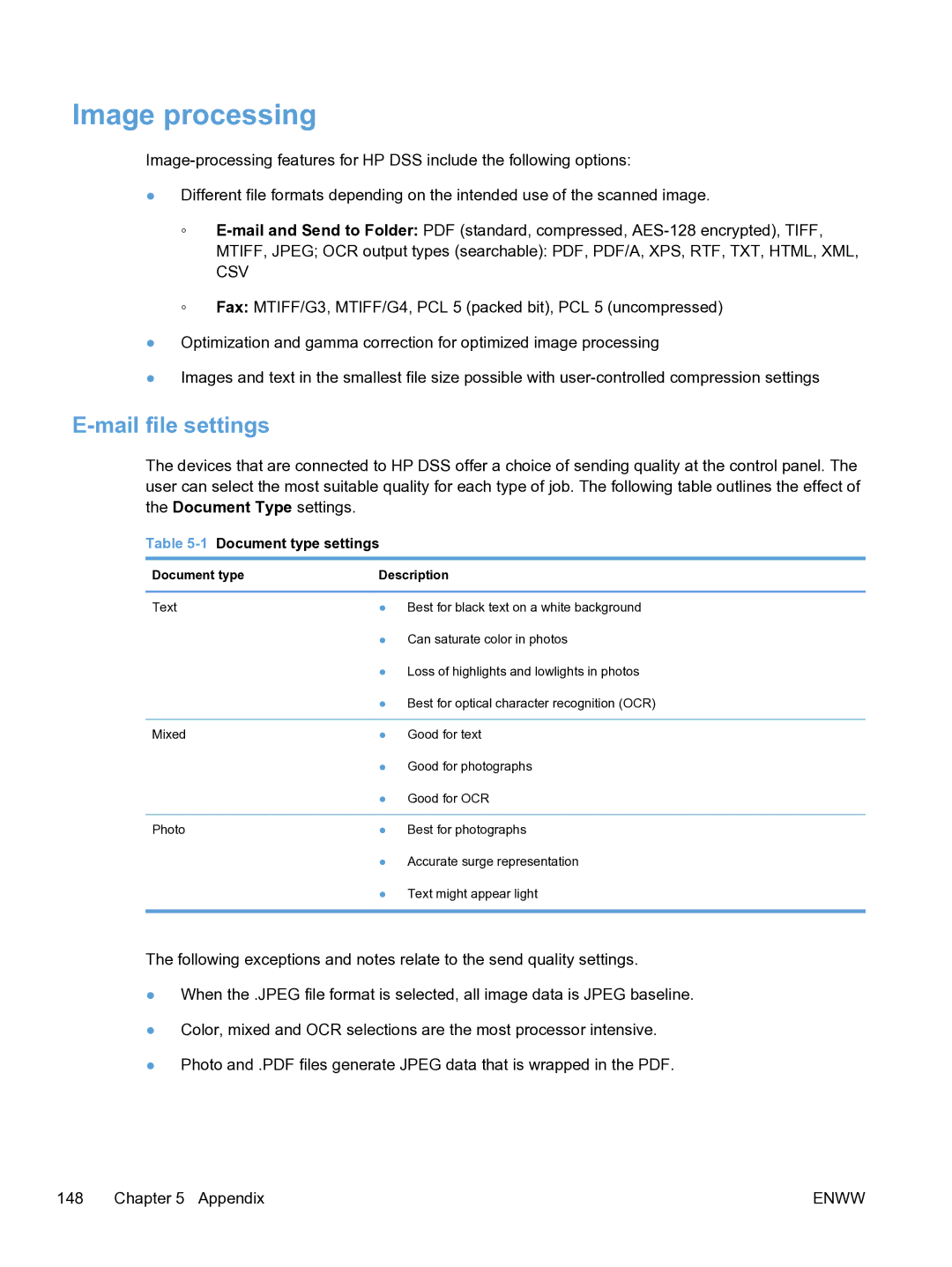 HP MFP Sending Software 4.9X Image processing, Mail file settings, 1Document type settings, Document type Description 