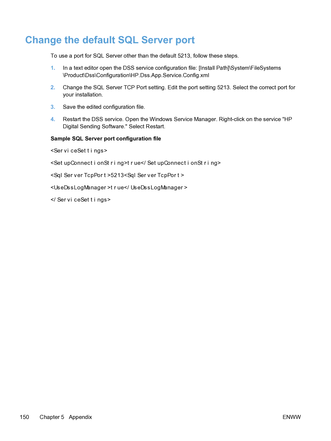 HP MFP Sending Software 4.9X manual Change the default SQL Server port, Sample SQL Server port configuration file 
