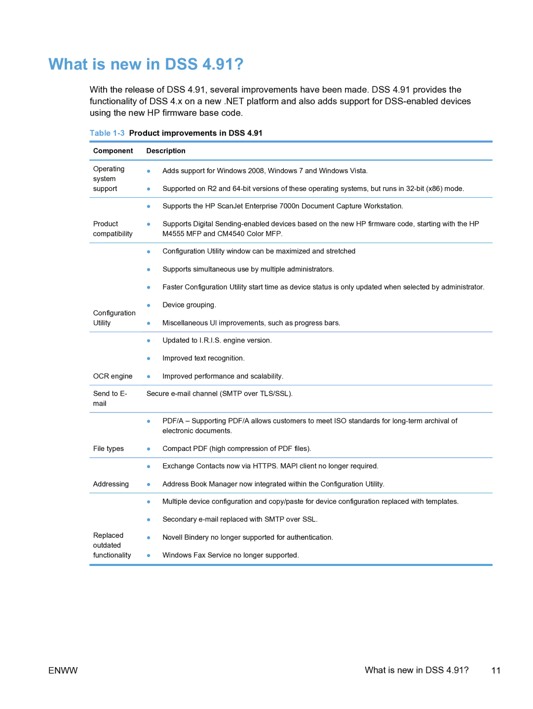 HP MFP Sending Software 4.9X manual What is new in DSS 4.91?, 3Product improvements in DSS, Component Description 