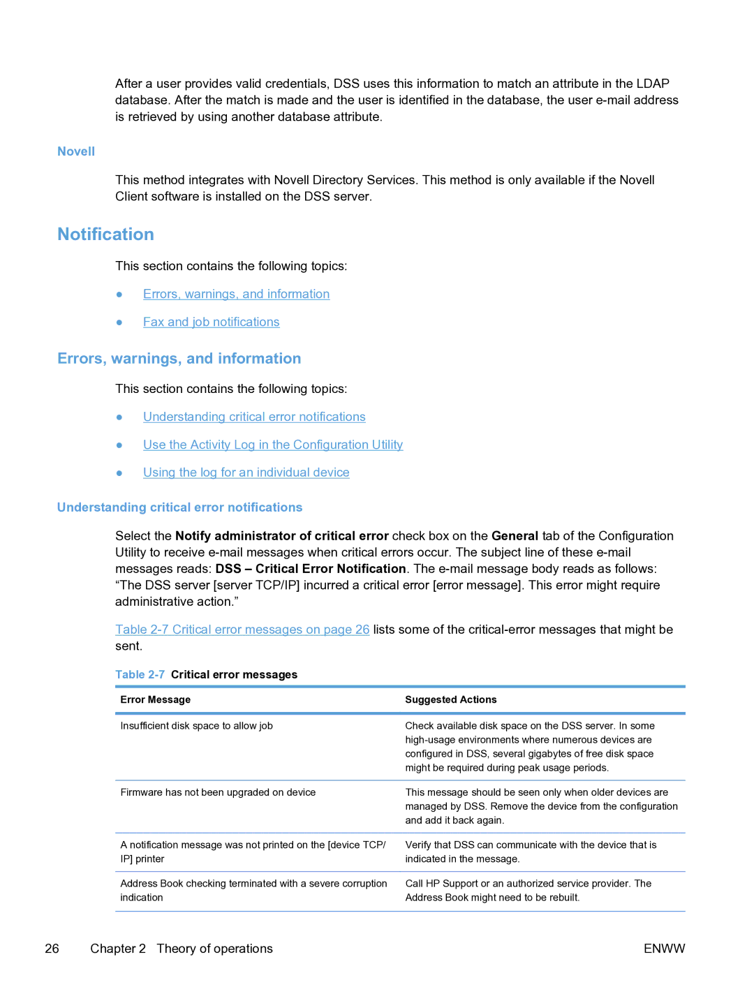 HP MFP Sending Software 4.9X manual Notification, Errors, warnings, and information, Novell, 7Critical error messages 